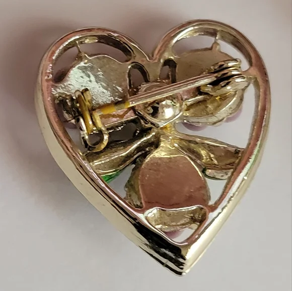 Vintage heart pin pair Mother of pearl purple flowers - Picture 9 of 9